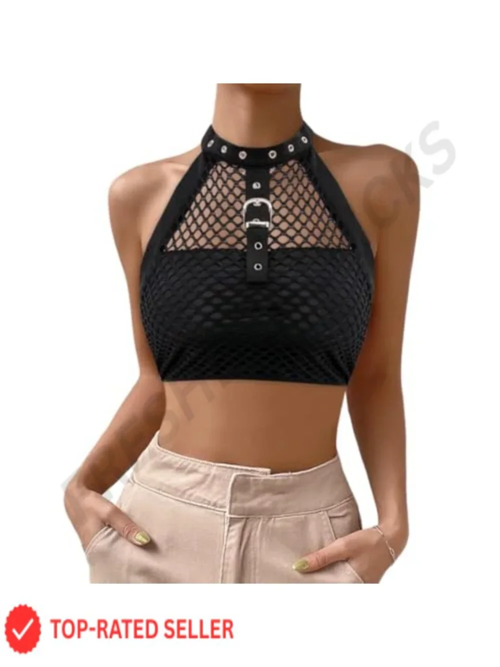 Fishnet Halter Crop Tank Top Backless Punk Clubwear